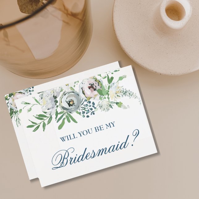Kommer du att bli min Bridesmaid Frieri Söt Blommi Inbjudan Vykort (BEAUTIFUL CLASSIC BOHO WATERCOLOR FLORAL WHITE ROSE WILL YOU BE MY BRIDESMAID? )