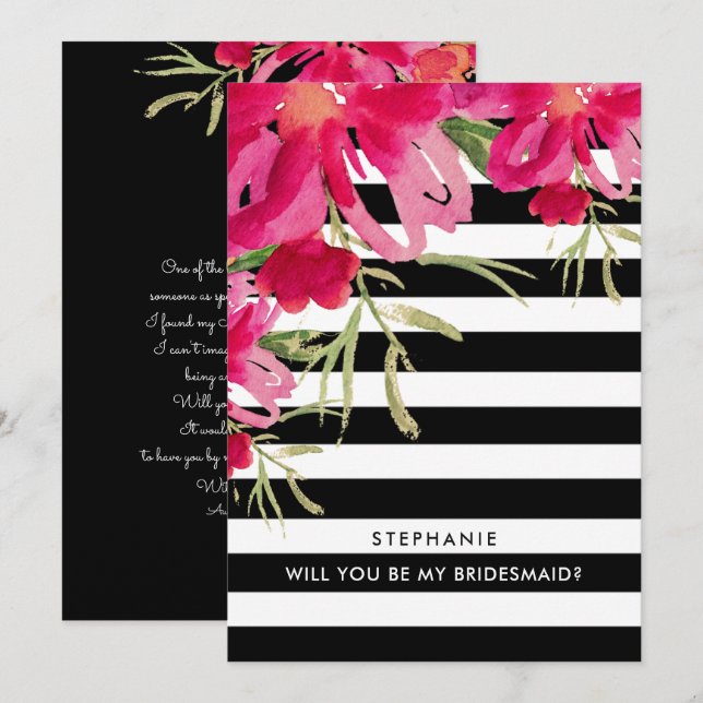 Kommer du att bli min Bridesmaid? Fuchsia-Blommigt Inbjudningar (Fram/baksida)