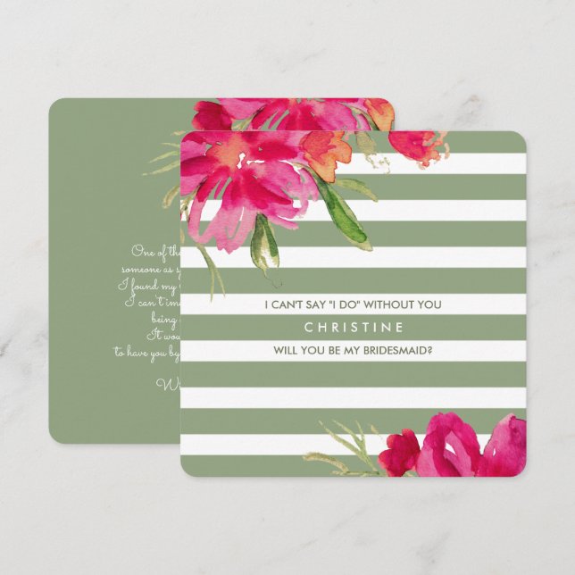 Kommer du att bli min Bridesmaid? Fuchsia Grönt Bl Inbjudningar (Fram/baksida)