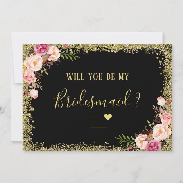 Kommer du att bli min Bridesmaid Glam Black Guld B Inbjudningar (Framsida)