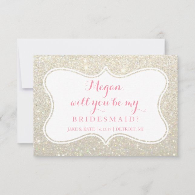 Kommer du att bli min bridesmaid - Glitted White G Inbjudningar (Framsida)