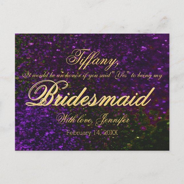 Kommer du att bli min Bridesmaid? Glitter Lila Inbjudan Vykort (Framsida)
