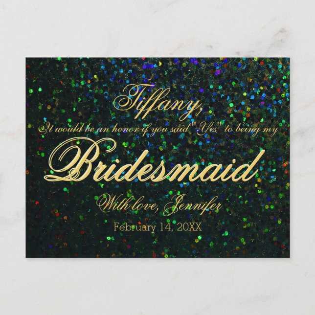 Kommer du att bli min Bridesmaid? Glitter utseende Inbjudan Vykort (Framsida)