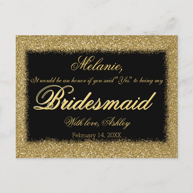 Kommer du att bli min Bridesmaid? Golden Glitter G Inbjudan Vykort (Framsida)