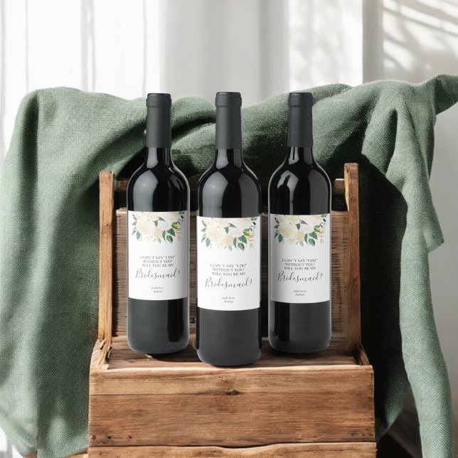 Kommer du att bli min Bridesmaid Greenery White Fl Vinflaska Etikett (Skapare uppladdad)