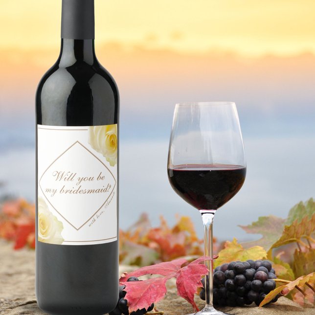 Kommer du att bli min Bridesmaid Gul ros Blommigt? Vinflaska Etikett (Skapare uppladdad)