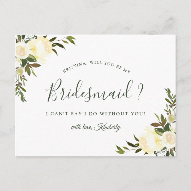 Kommer du att bli min Bridesmaid Ivory White Chic  Inbjudan Vykort (Framsida)