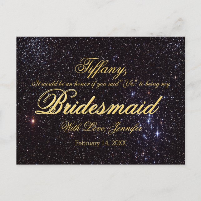 Kommer du att bli min Bridesmaid? Night Himmel Inbjudan Vykort (Framsida)