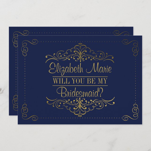 Kommer du att bli min Bridesmaid? Ornate Navy & Gu Inbjudningar (Fram/baksida)