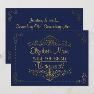 Kommer du att bli min Bridesmaid? Ornate Navy & Gu Inbjudningar
