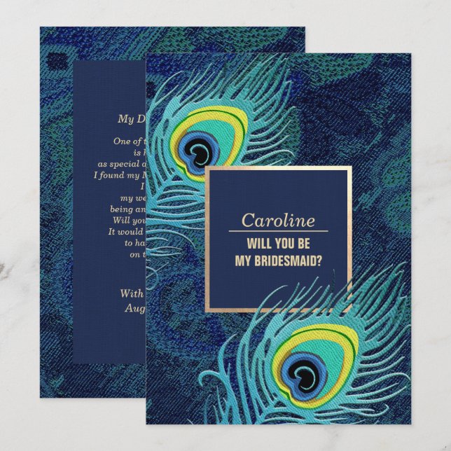 Kommer du att bli min Bridesmaid? Peacock Feather Inbjudningar (Fram/baksida)