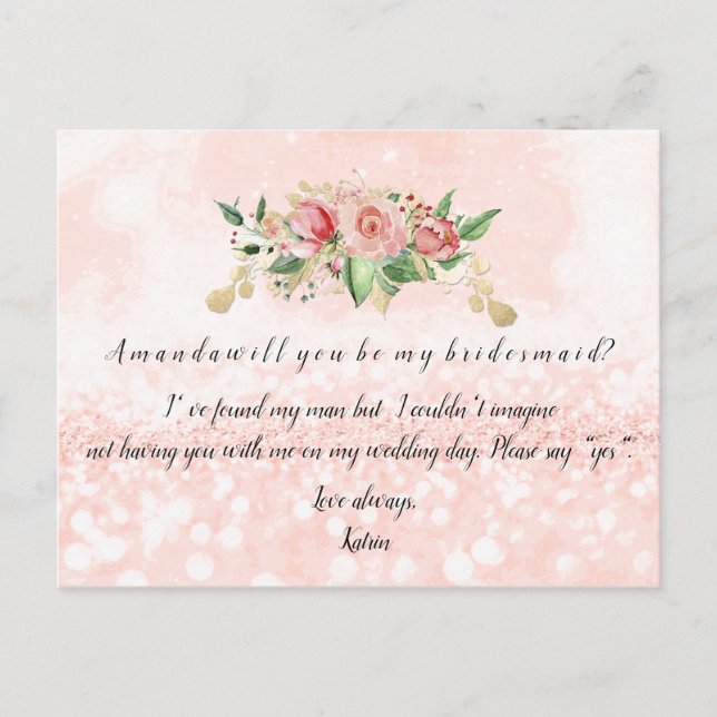 Kommer du att bli min bridesmaid Ro  Glitter Flora Inbjudan Vykort (Framsida)