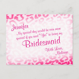 Kommer du att bli min Bridesmaid? Rosa Leopard Inbjudan Vykort