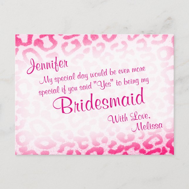 Kommer du att bli min Bridesmaid? Rosa Leopard Inbjudan Vykort (Framsida)