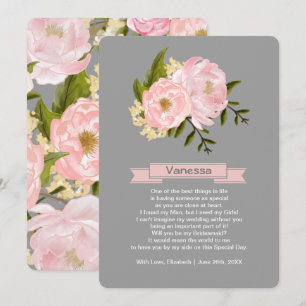 Kommer du att bli min Bridesmaid? Rosa Peonies Gr Inbjudningar