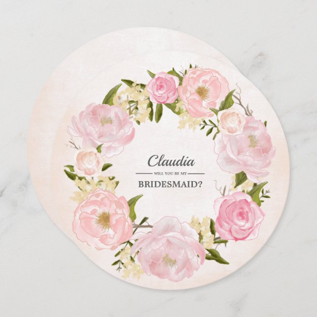 Kommer du att bli min Bridesmaid?  Rosa Peony Wand Inbjudningar (Fram/baksida)
