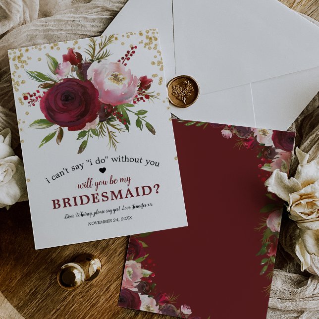 Kommer du att bli min Bridesmaid? | Rustic Burgund Inbjudningar (Skapare uppladdad)