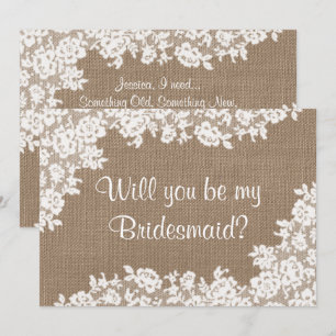 Kommer du att bli min Bridesmaid? Rustic Burlap &  Inbjudningar