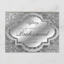 Kommer du att bli min Bridesmaid? Silver Damask Inbjudan Vykort
