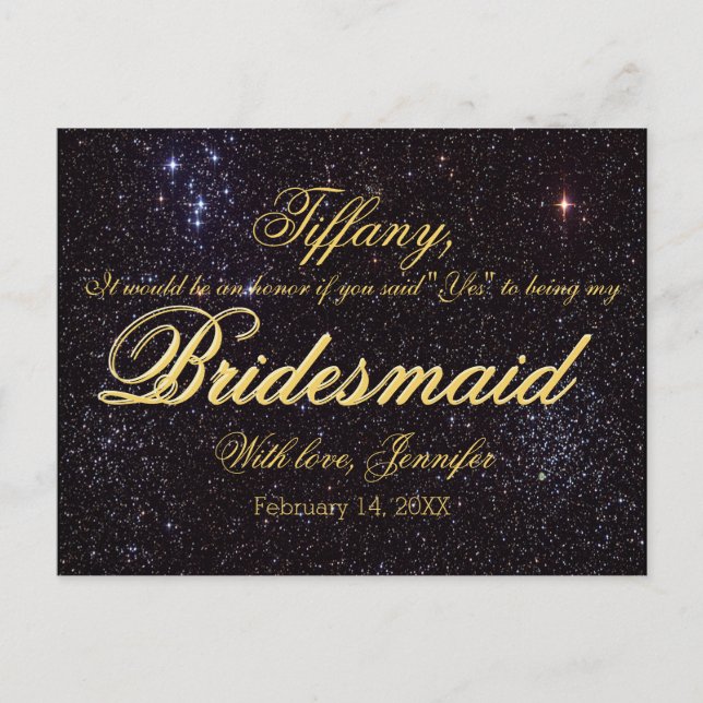 Kommer du att bli min Bridesmaid? Starry Night Inbjudan Vykort (Framsida)