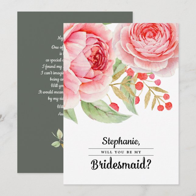 Kommer du att bli min Bridesmaid? Vattenfärgad Blo Inbjudningar (Fram/baksida)