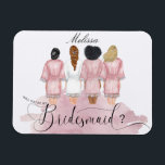Kommer du att bli min elegant för bröllop robat? magnet<br><div class="desc">Vår "bridesmaids-robes"-samling har vackra vattenfärgade kvinnor i silhuetter i bröllop för brud och bridesmader i olika färg i robe med en mängd olika hårstilar. Om du inte ser en hårstil som du vill ha fri kontakt med oss så gör vi en speciell sak bara för dig. Välj mellan olika objekt...</div>