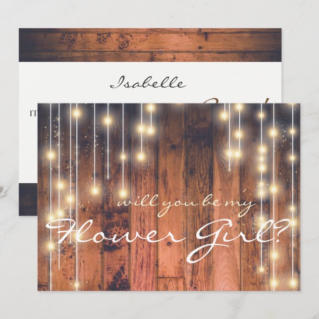 Kommer du att bli min Flower Girl Rustic Wood? Inbjudningar (Fram/baksida)