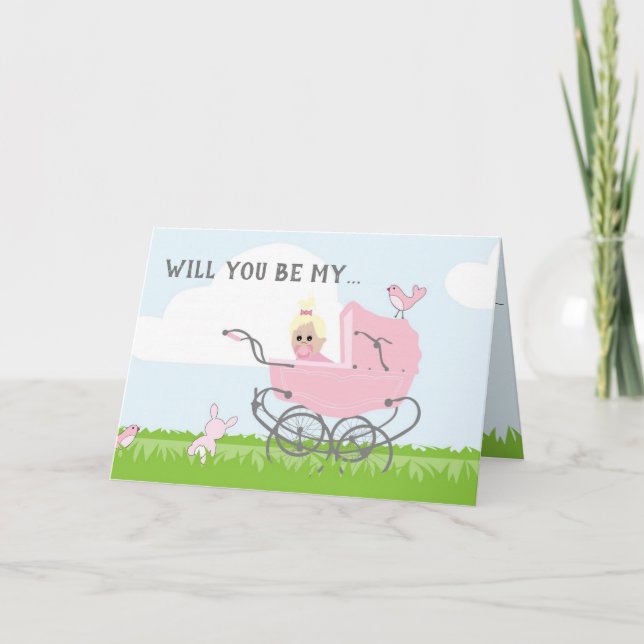 Kommer du att bli min Godmor Rosa Baby Carriage Ca Inbjudan (Framsida)