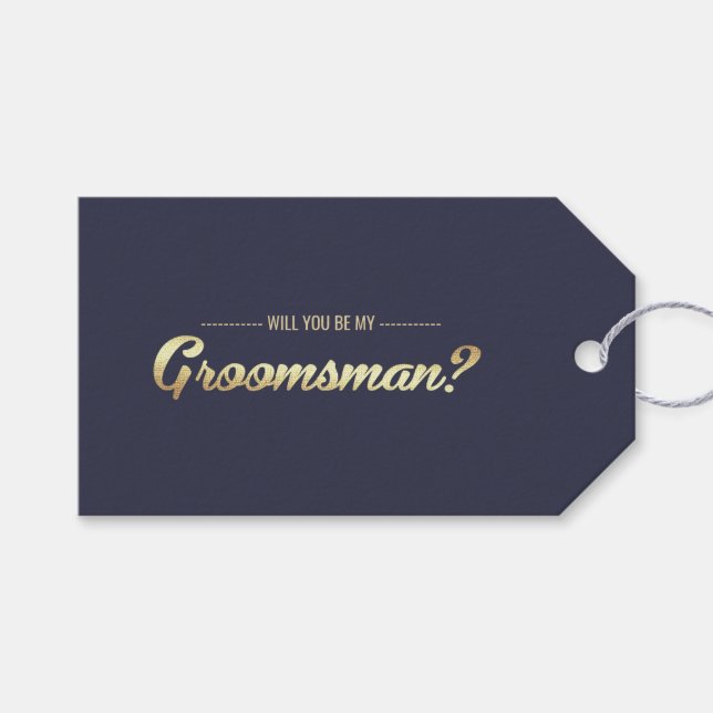 Kommer du att bli min Groomsman? Blå Guld Presentetikett (Framsidan (Horisontell))