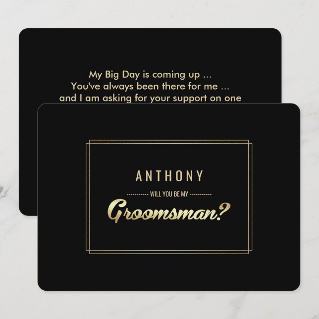 Kommer du att bli min Groomsman? Black Guld Bröllo Inbjudningar (Fram/baksida)