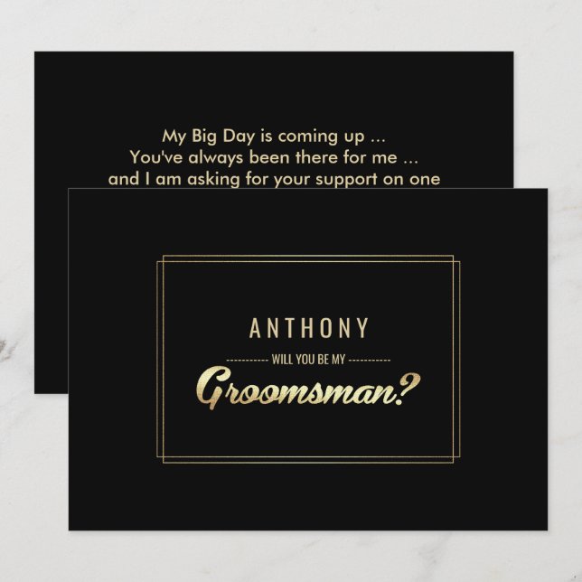 Kommer du att bli min Groomsman? Svarta Guld Bröll Inbjudningar (Fram/baksida)