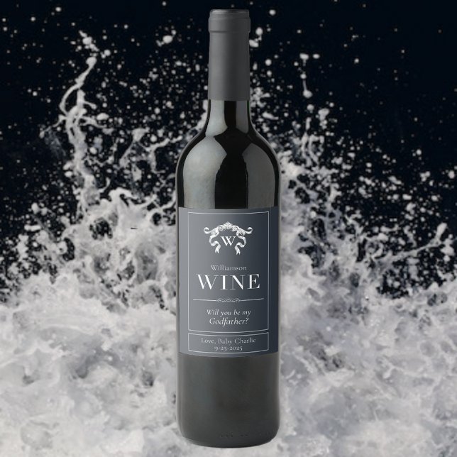 Kommer du att bli min gudfader Elegant Monogram? Vinflaska Etikett (Skapare uppladdad)