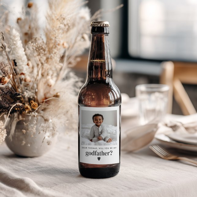 Kommer du att bli min gudfader Photo Frieri? Ölflaska Etikett (Zazzle Will You Be My Godfather Photo Proposal Beer Bottle Label (Front))