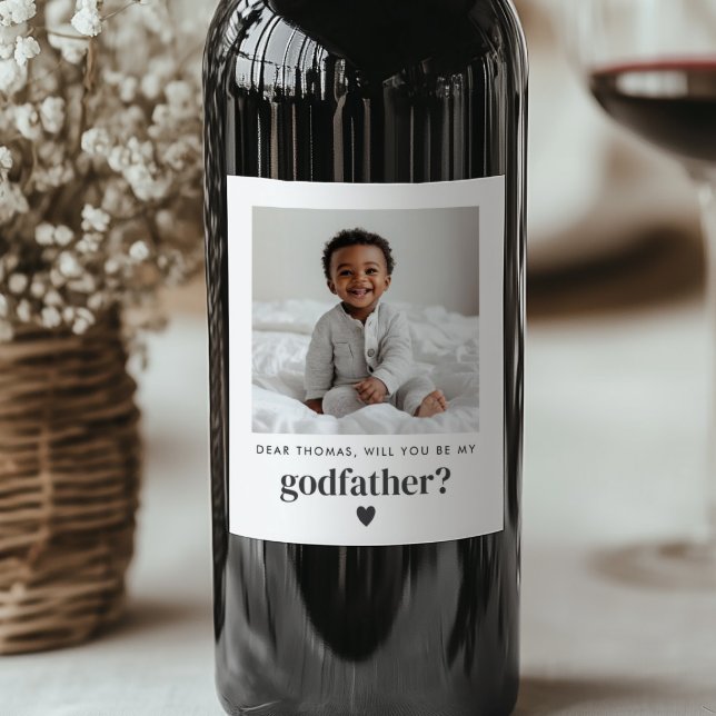 Kommer du att bli min gudfader Photo Frieri? Vinflaska Etikett (Zazzle Will You Be My Godfather Photo Proposal Wine Label)