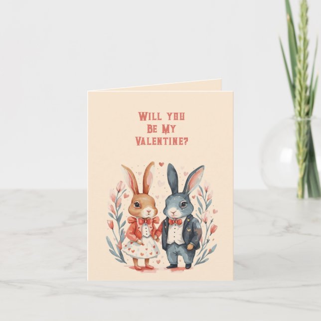 Kommer du att bli min Valentine Rabbit Couple Anteckningskort (Framsida)