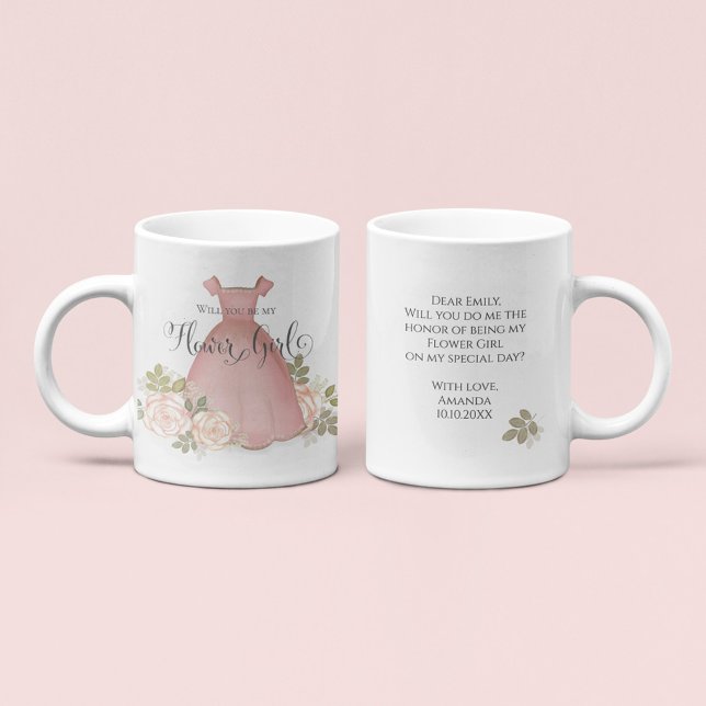 Kommer du att bli min  vattenfärg? kaffemugg (Will you be my flower girl proposal mug with pink dress watercolor and personalized message.)