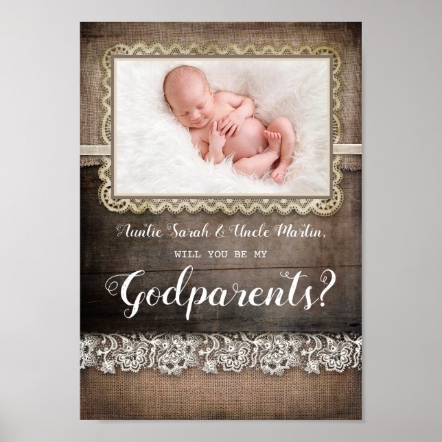 Kommer du att bli mina Godföräldrar - Rustic Photo Poster (Framsidan)