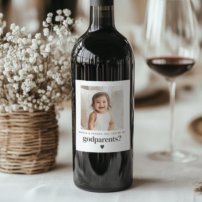 Kommer du att bli mina gudföräldrar Foto Frieri? Vinflaska Etikett (Zazzle Will You Be My Godparents Photo Proposal Wine Label)