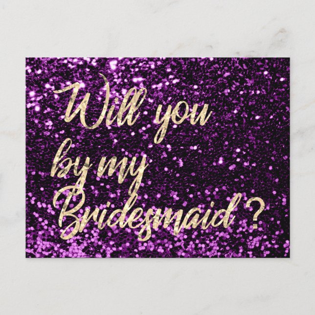 Kommer du att bli mitt Bridesmaid Violet Plum Guld Inbjudan Vykort (Framsida)