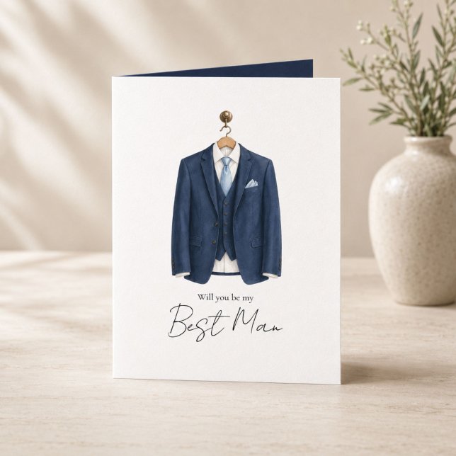 Kommer Du Att Vara Min Förste Man Herrens Navyblå  Kort (Elegant navy watercolor Best Man proposal card featuring a sophisticated gentleman’s suit.)