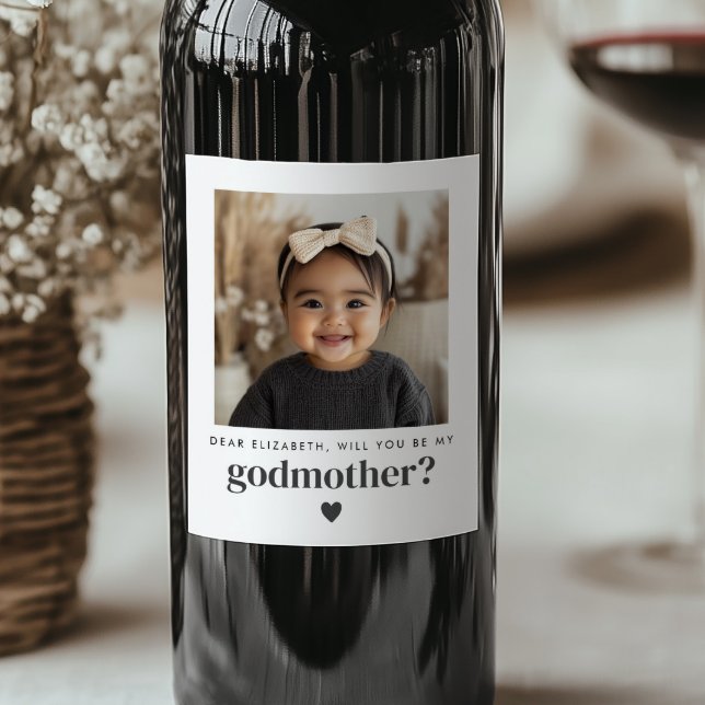 Kommer du att vara min Godmor Photo Frieri? Vinflaska Etikett (Zazzle Will You Be My Godmother Photo Proposal Wine Label)