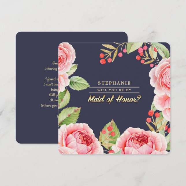 Kommer du att vara min Maid of honor? Blå Blommigt Inbjudningar (Fram/baksida)
