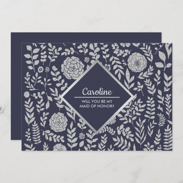 Kommer du att vara min Maid of honor? Blå Silver Inbjudningar (Fram/baksida)