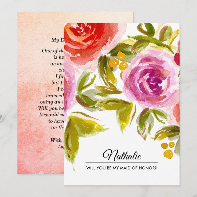 Kommer du att vara min Maid of honor? Blommigt av  Inbjudningar (Fram/baksida)