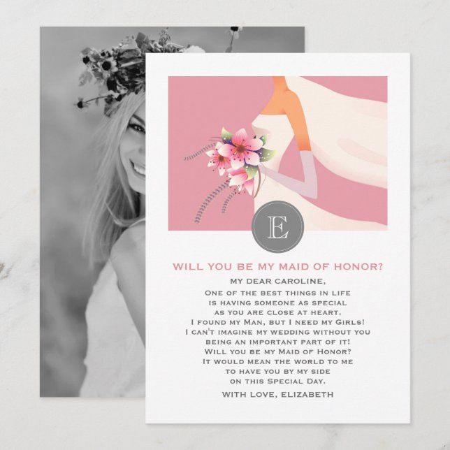 Kommer du att vara min Maid of honor? Bride Silhou Inbjudningar (Fram/baksida)