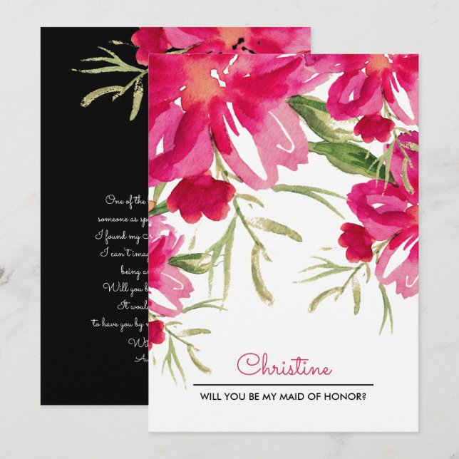 Kommer du att vara min Maid of honor? Fuchsia-Blom Inbjudningar (Fram/baksida)