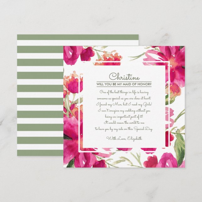 Kommer du att vara min Maid of honor? Fuchsia Grön Inbjudningar (Fram/baksida)