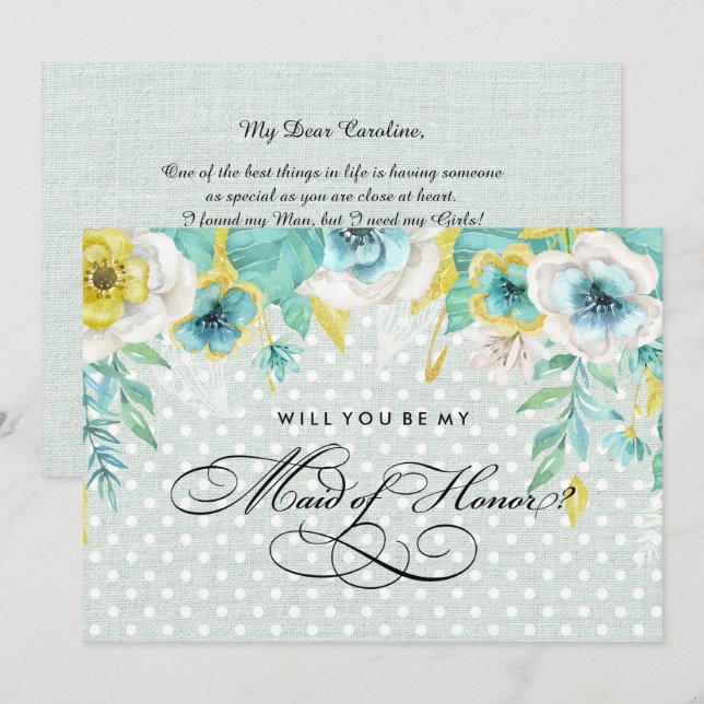 Kommer du att vara min Maid of honor? Mint Blommig Inbjudningar (Fram/baksida)