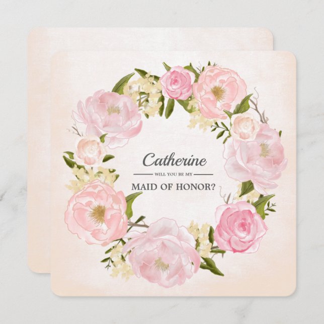 Kommer du att vara min Maid of honor?  Rosa Peonie Inbjudningar (Fram/baksida)