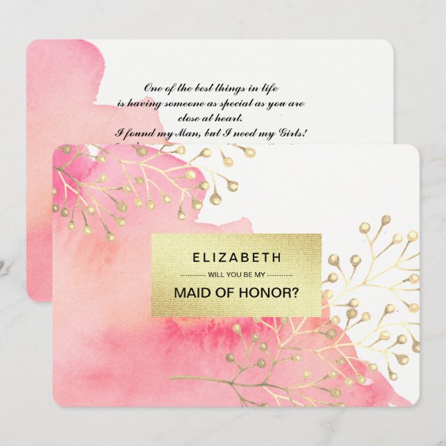 Kommer du att vara min Maid of honor? Rosa vattenf Inbjudningar (Fram/baksida)